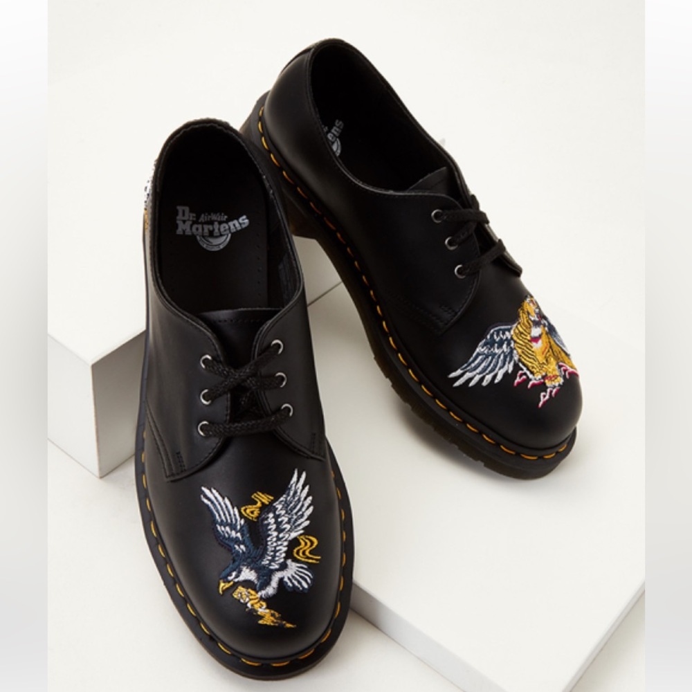 Dr. Martens Black Leather Embroidered Eagle Oxford Flats